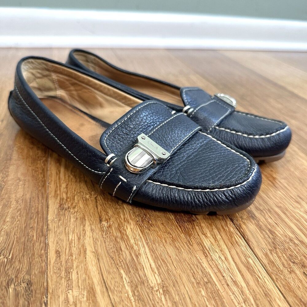 Coach Pauline Leather Loafers Flats Shoes Womens 8B Navy Blue Slip On Buckle SEE